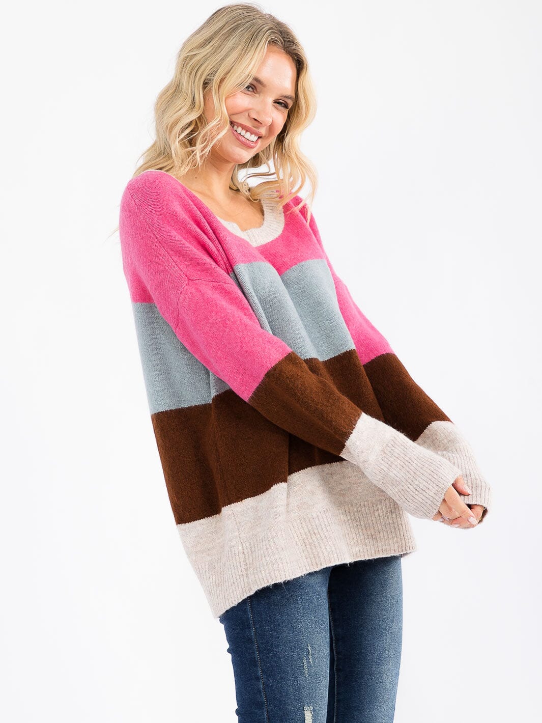 Women's Long Sleeve Color Block Round Neck Sweater