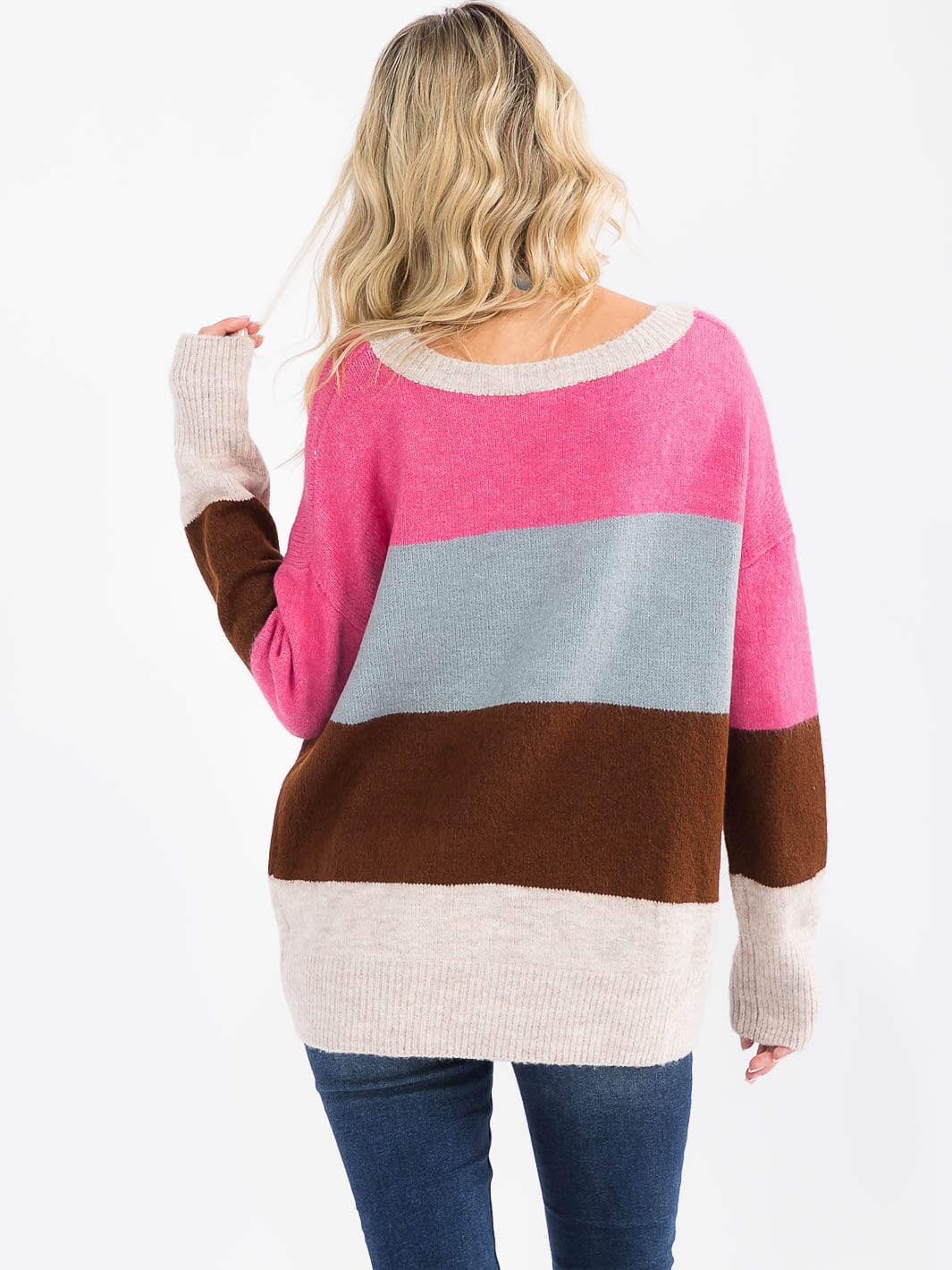 Women's Long Sleeve Color Block Round Neck Sweater