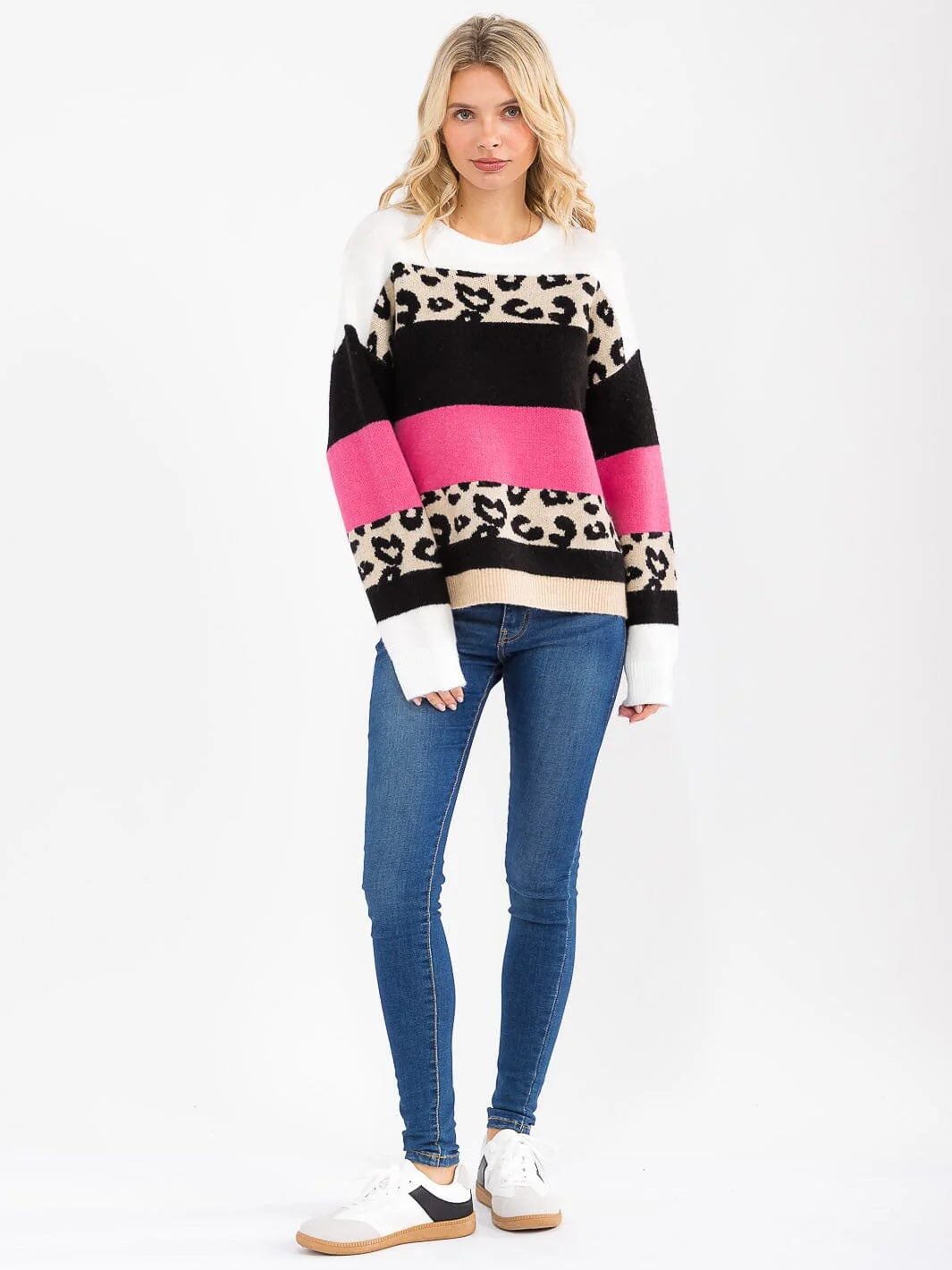 Women's Long Sleeve Color Block Animal Print Sweater Knit