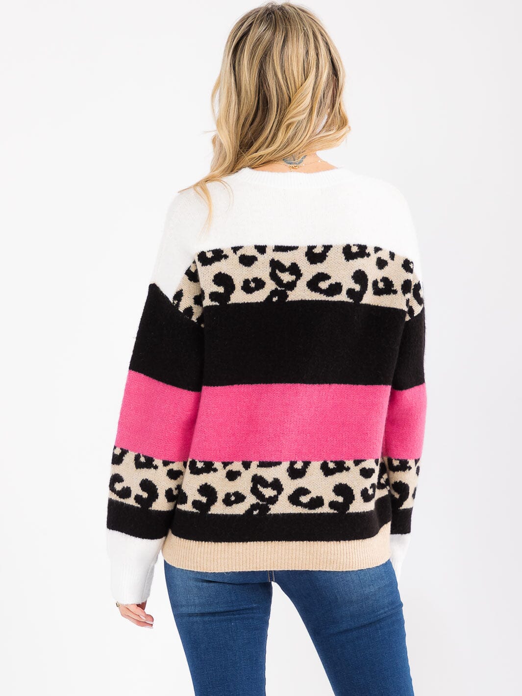 Women's Long Sleeve Color Block Animal Print Sweater Knit
