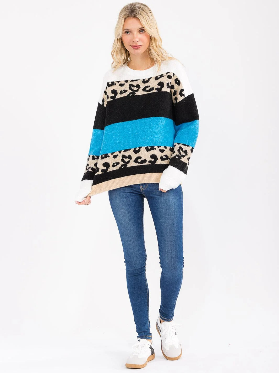 Women's Long Sleeve Color Block Animal Print Sweater Knit