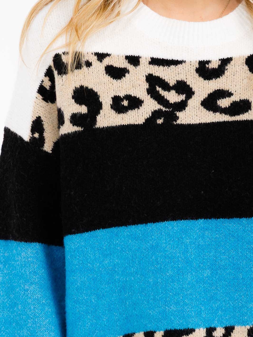 Women's Long Sleeve Color Block Animal Print Sweater Knit