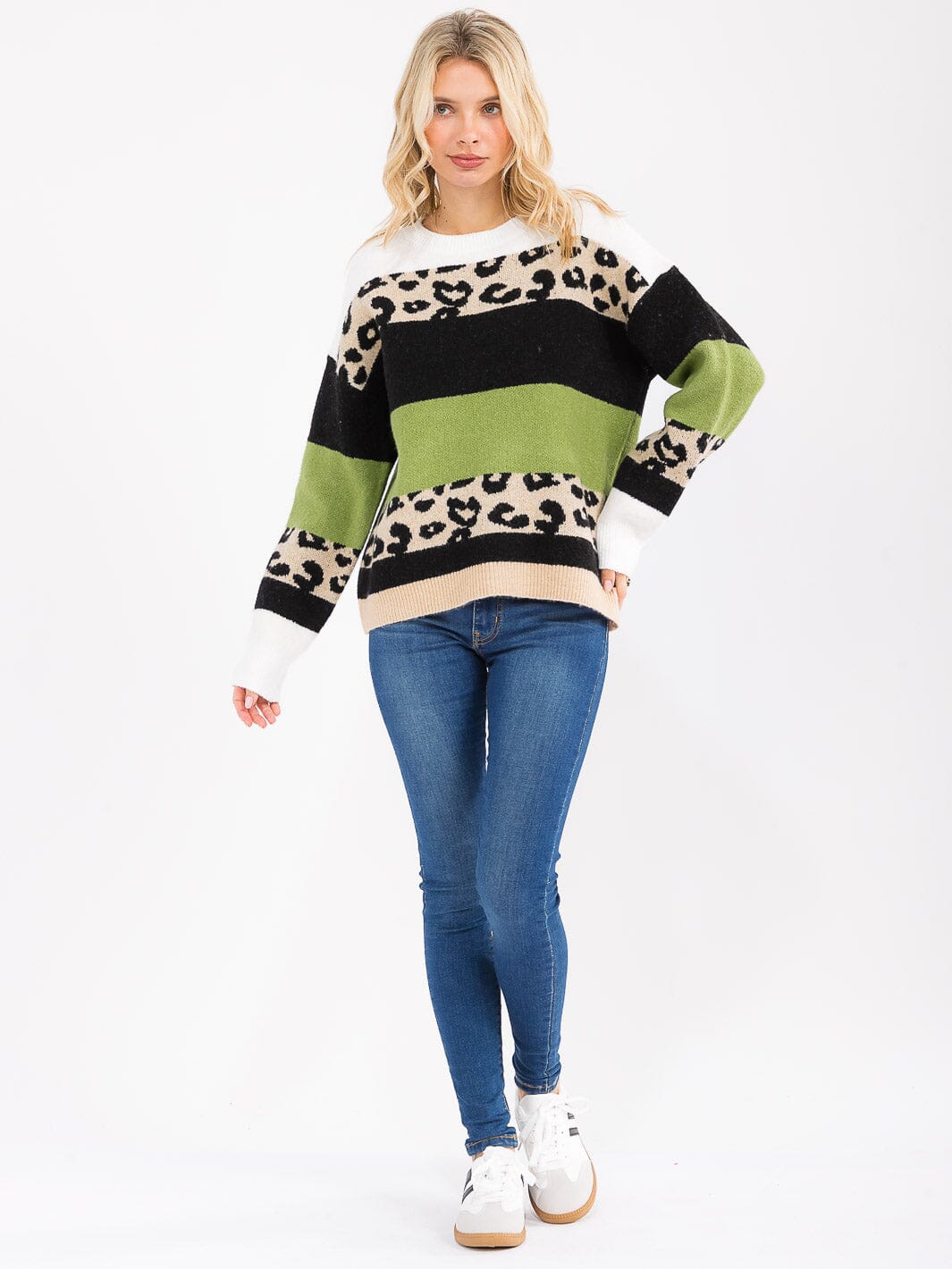 Women's Long Sleeve Color Block Animal Print Sweater Knit