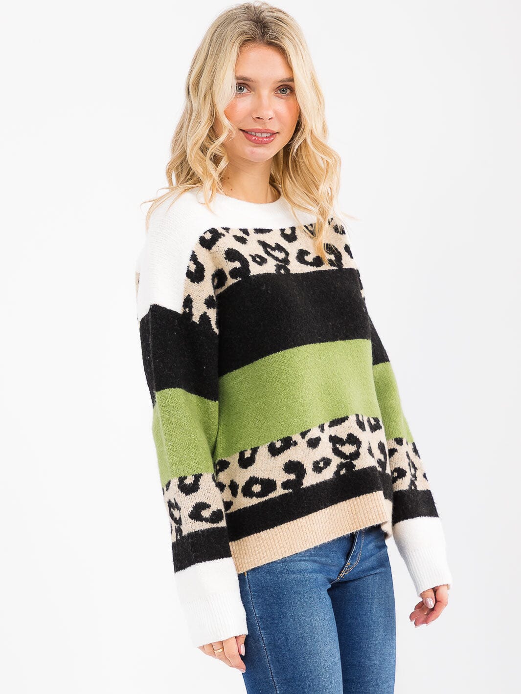 Women's Long Sleeve Color Block Animal Print Sweater Knit