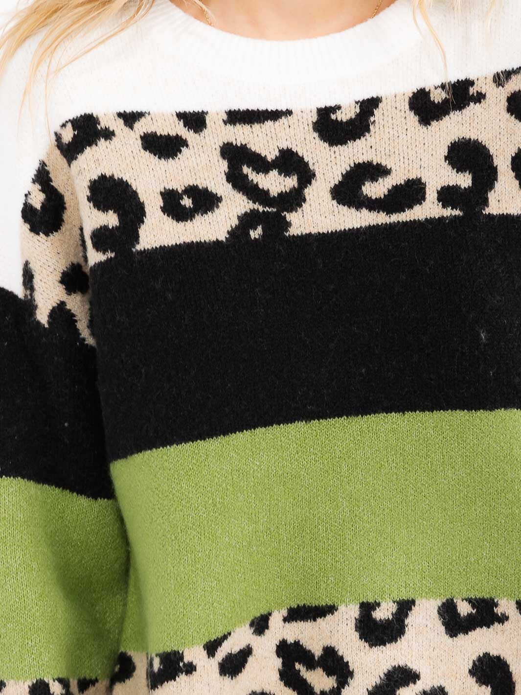 Women's Long Sleeve Color Block Animal Print Sweater Knit