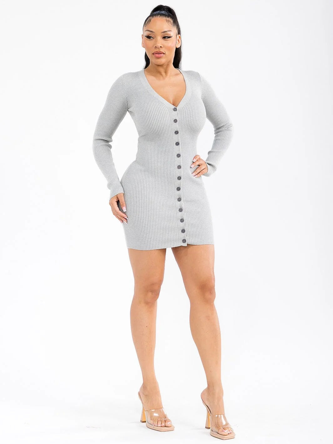 Casual Women's Grey Ribbed Button-Front Knit Mini Dress