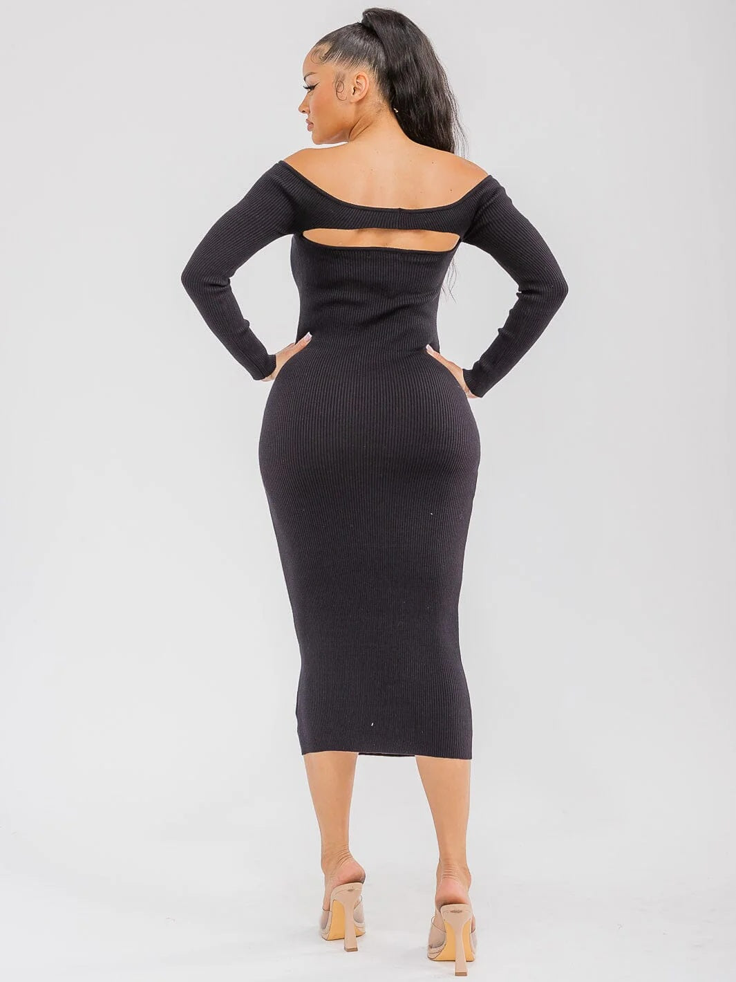Black Ribbed Off-Shoulder Cut-Out Midi Dress