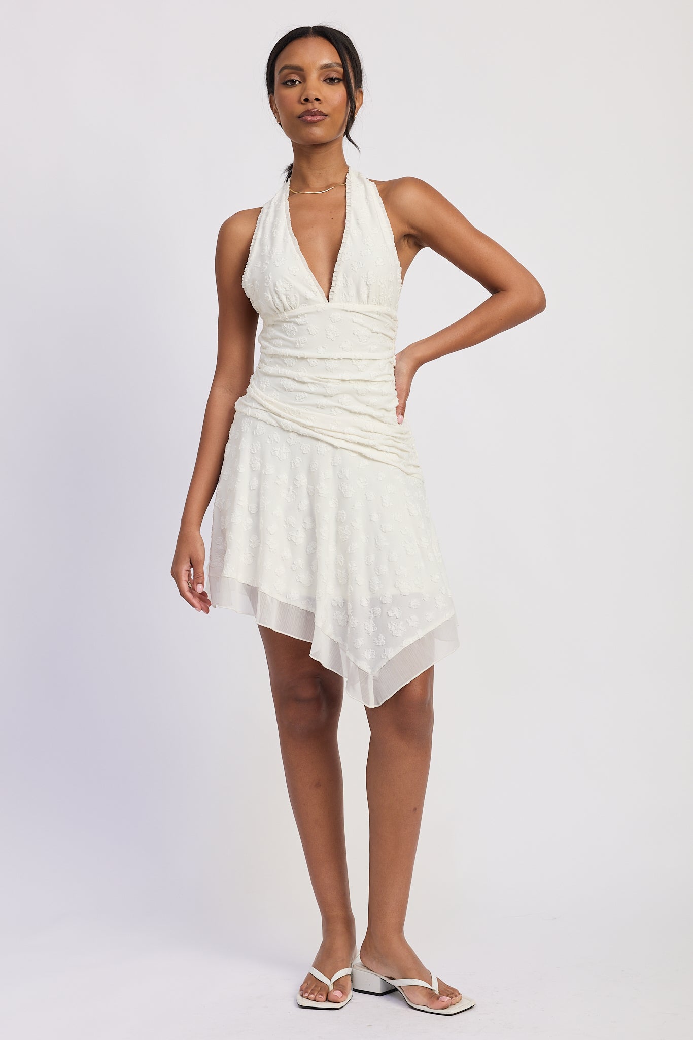 textured halter neck pleated mini dress TEXTURED HALTER NECK PLEATED MINI DRESS