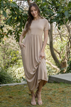 Short sleeve round neck casual maxi with pocket Taupe