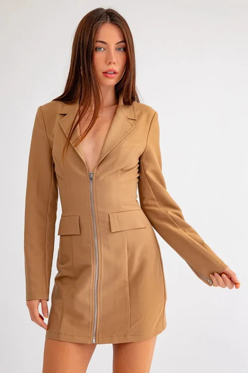 Women's Long sleeve front Zipper Mini Blazer Dress