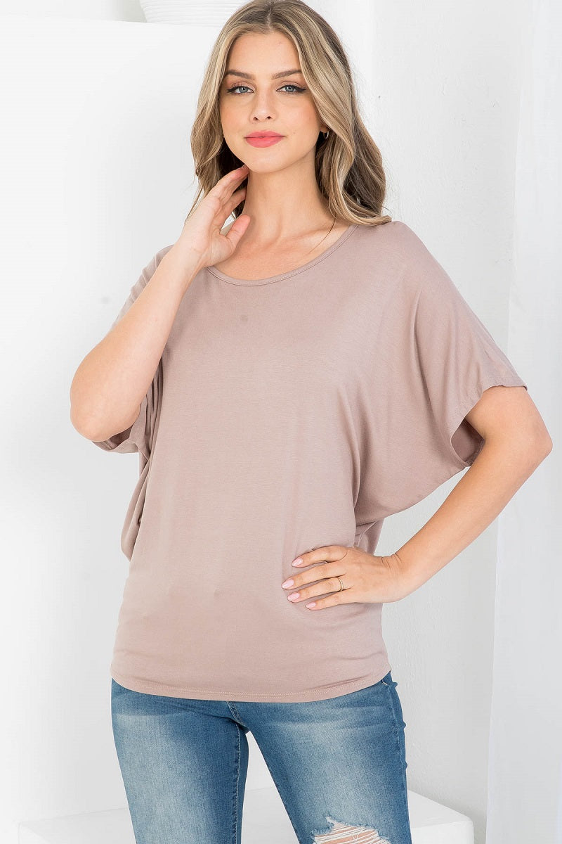 Short sleeve round neck dolman loose fit mocha